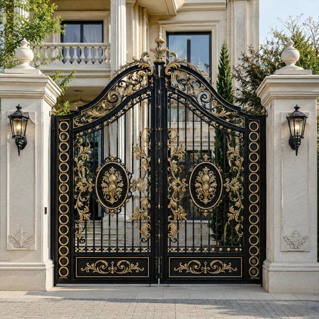 درب حیاط مشکی طلایی مناسب اجرای نمای کلاسیک