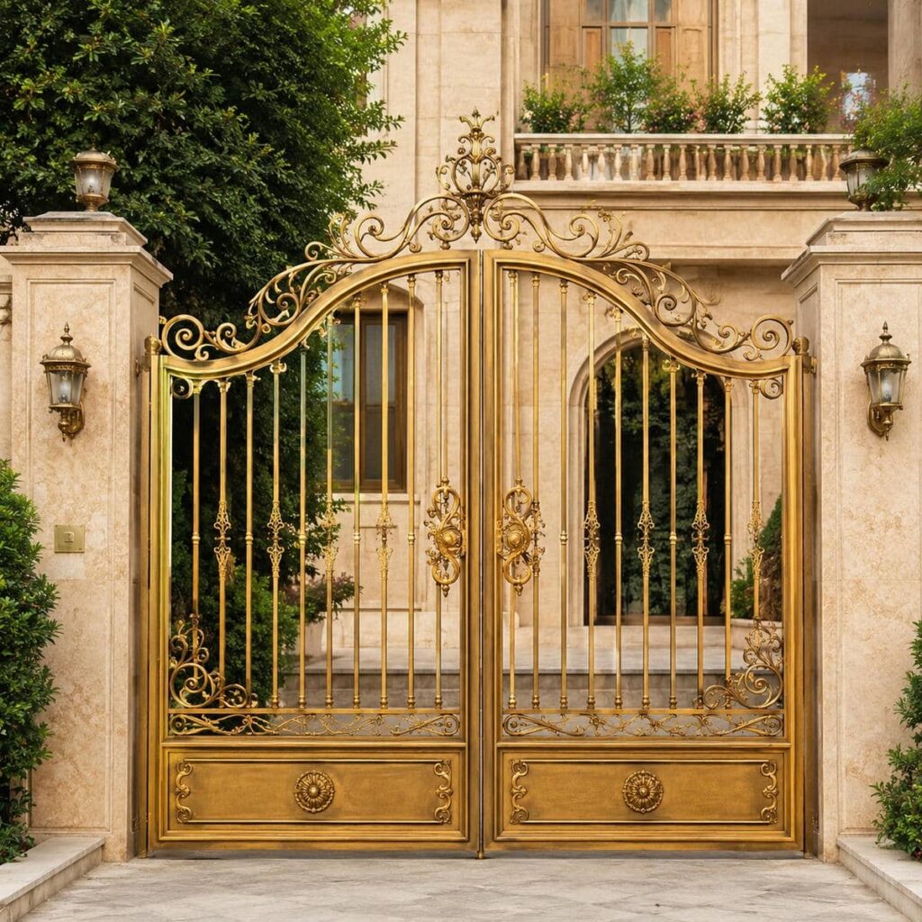 درب حیاط مشکی طلایی با خدمات نصب و رنگ مقاوم