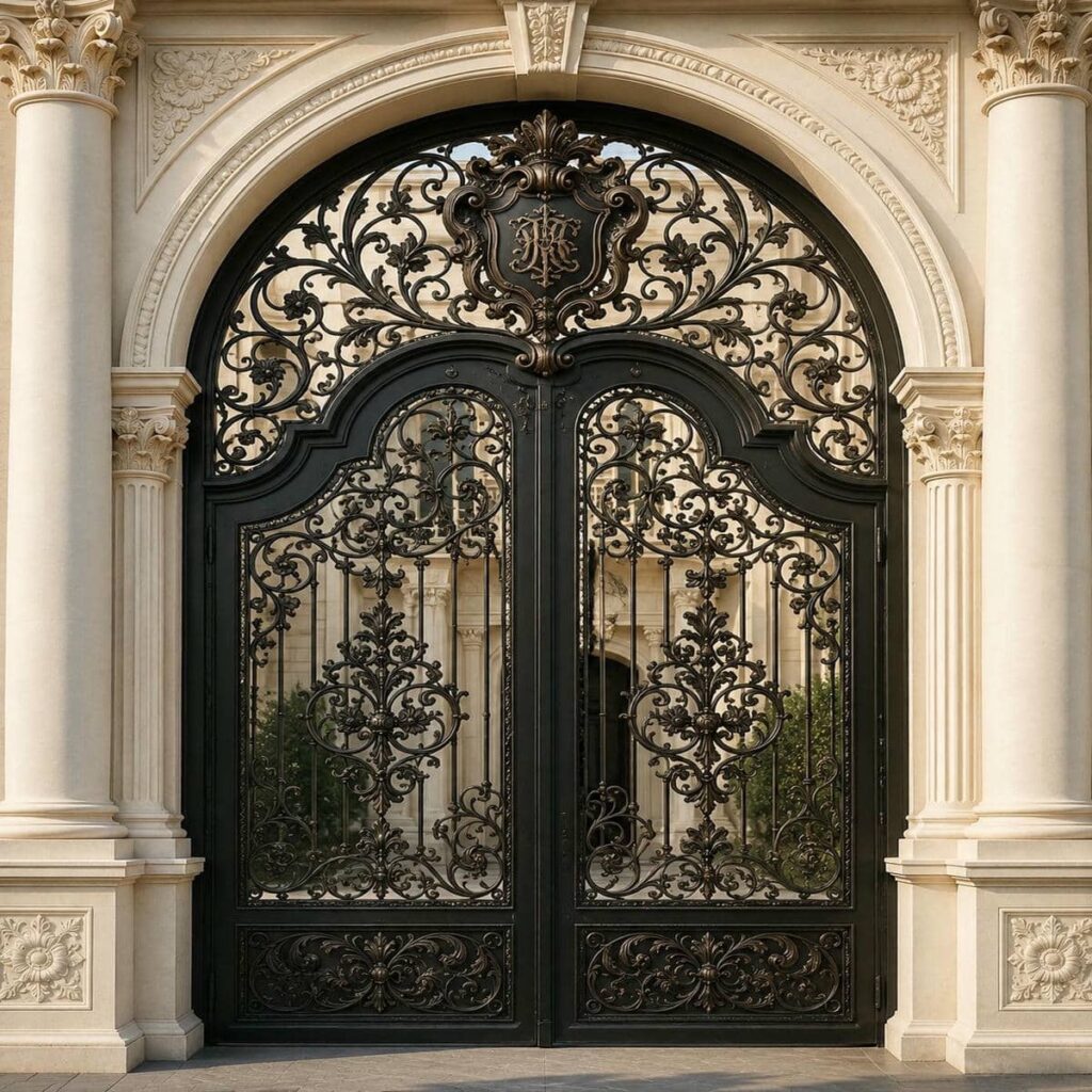 درب پارکینگ کلاسیک کتیبه دار گل‌دار برای نمای ویلایی